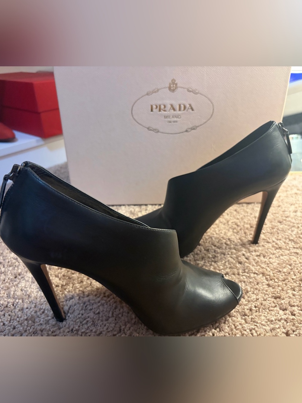 Authentic Prada Black Leather Peep-Toe Stiletto Heel Booties